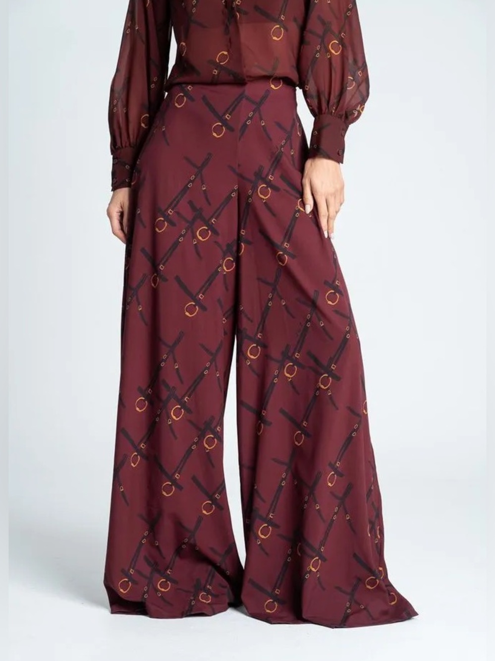 ARKITECT x LEAL DACCARETT Wide-Leg Equestrian Printed Palazzo Pants in Burgundy